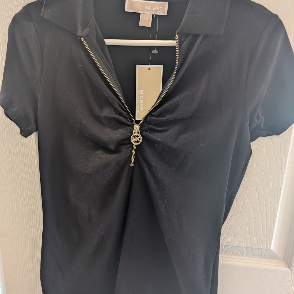 Michael Kors Black Short Sleeve Zipper Blouse